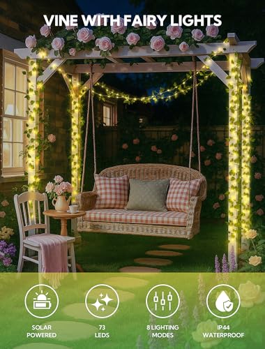 woohaha Solar Vine with Fairy Lights23ft 73LED Ivy String Light for Christmas DecorationsLeaf Light for Bedroom Room Wall Garden Party Wedding Decor Warm White - Image 3