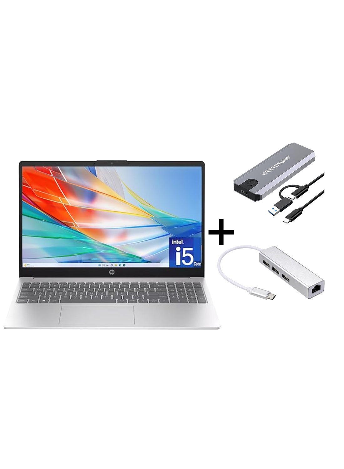 15 (Upgraded Version) Laptop With 15.6-Inch Display, Core i5-1335U Processor/16GB RAM/1TB SSD/Intel Iris XE Graphics/Windows 11 Home With 128GB external drive +Type-C to USB Hub English/Arabic silver