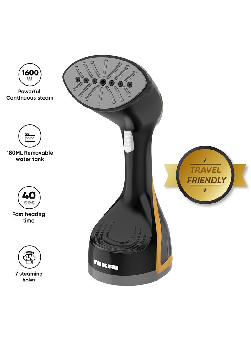 NIKAI 1600W Portable Garment Steamer, Fast Heating, Effortless Results, Fabric Wrinkles Remover, Large Detachable Water Tank, Travel  Friendly Handheld Iron Best For Fabrics & Clothes 180 ml 1600 W NGS77H Black/Silver - Image 1