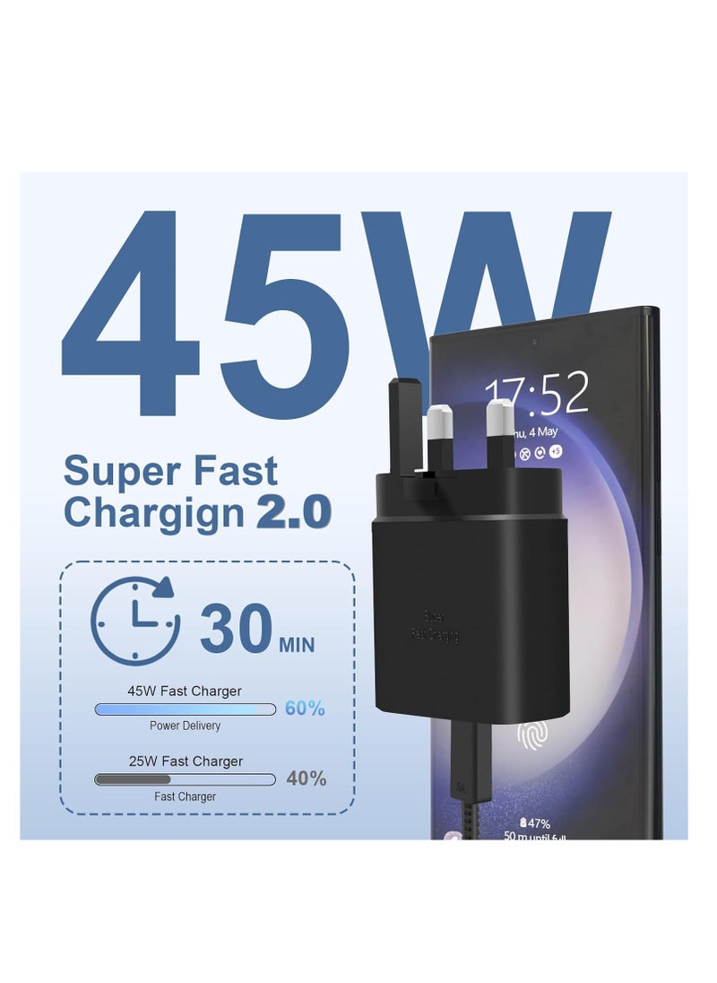 Generic - 45W USB C Charger,Super Fast Charger for Samsung Galaxy S24 Ultra/S23+/S23/S22 Ultra/S21/S20/S20 Ultra/Note 20/Z Fold 6/Flip6/Tab S10+/S10 Ultra/S9+/S8/S7 /, PPS Charger 3.0 USB C Plug with 1.2M Type C Cable - Image 1