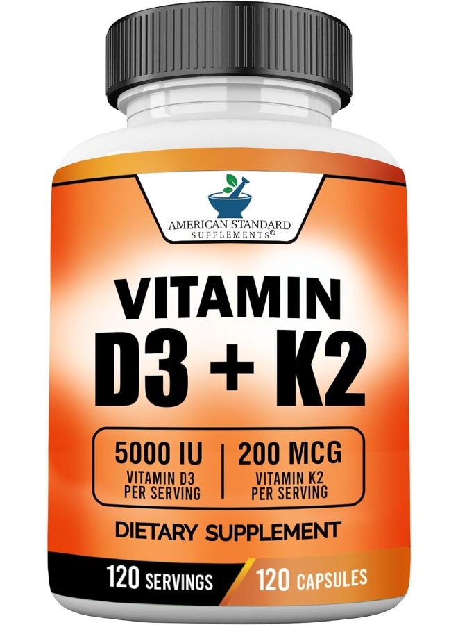 American Standard Supplements Vitamin D3 K2 (MK-7), Vitamin D3 (5000IU) + K2 (MK-7) 200mcg w/Organic Coconut Oil, Vitamin D3 + K2, Vitamin D3 + K2, Vitamin K2 D3, Immune & Bone Health, No Fillers, Made in USA, 120 Veggie Capsule - Image 1