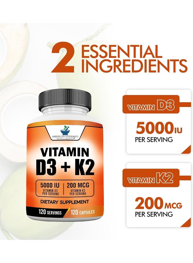American Standard Supplements Vitamin D3 K2 (MK-7), Vitamin D3 (5000IU) + K2 (MK-7) 200mcg w/Organic Coconut Oil, Vitamin D3 + K2, Vitamin D3 + K2, Vitamin K2 D3, Immune & Bone Health, No Fillers, Made in USA, 120 Veggie Capsule - Image 4
