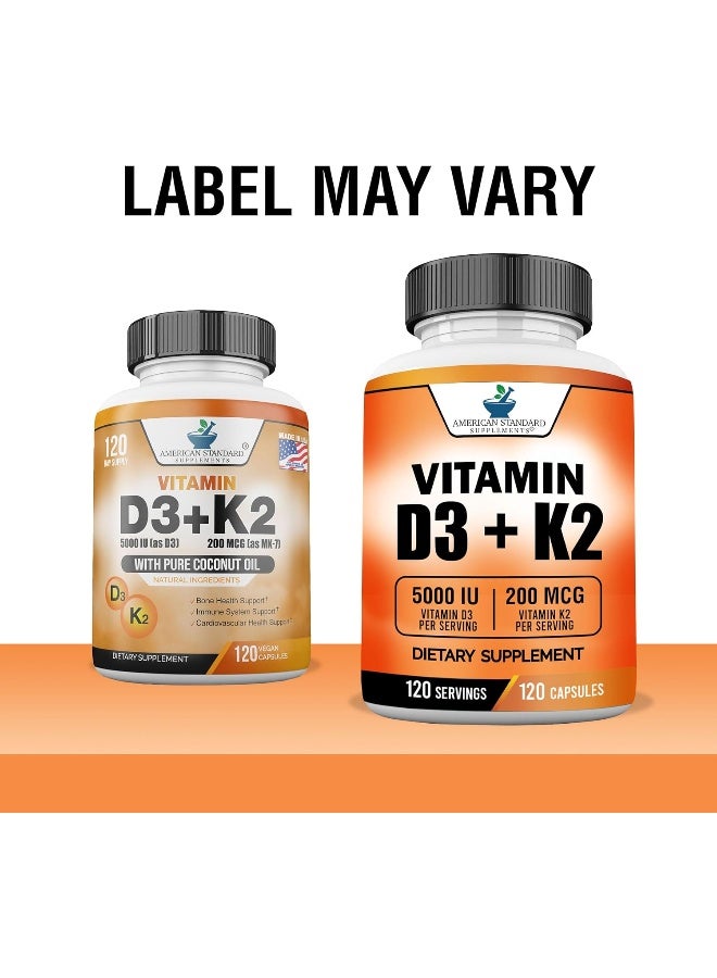 American Standard Supplements Vitamin D3 K2 (MK-7), Vitamin D3 (5000IU) + K2 (MK-7) 200mcg w/Organic Coconut Oil, Vitamin D3 + K2, Vitamin D3 + K2, Vitamin K2 D3, Immune & Bone Health, No Fillers, Made in USA, 120 Veggie Capsule - Image 2