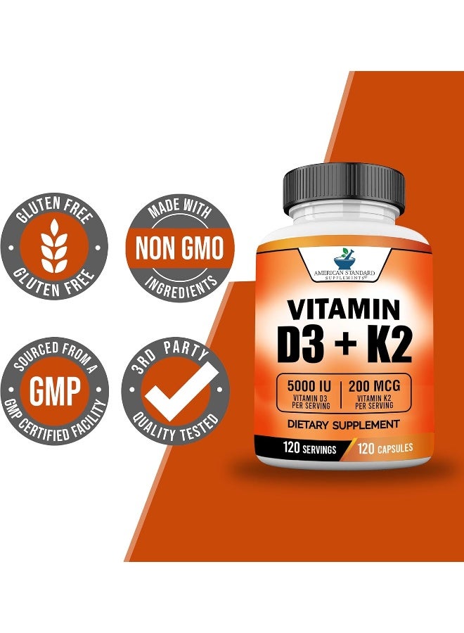 American Standard Supplements Vitamin D3 K2 (MK-7), Vitamin D3 (5000IU) + K2 (MK-7) 200mcg w/Organic Coconut Oil, Vitamin D3 + K2, Vitamin D3 + K2, Vitamin K2 D3, Immune & Bone Health, No Fillers, Made in USA, 120 Veggie Capsule - Image 5