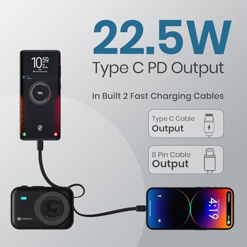 Portronics Power Shutter 20000mAh 15W Magnetic Wireless Fast Charging Powerbank with in-Built Type C & 8 Pin Cable, 22.5W Type C PD Output, Type C Bidirectional Port, LED Display (Black) - Image 3