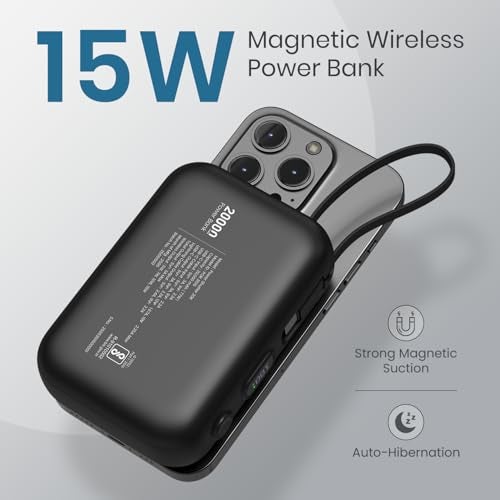 Portronics Power Shutter 20000mAh 15W Magnetic Wireless Fast Charging Powerbank with in-Built Type C & 8 Pin Cable, 22.5W Type C PD Output, Type C Bidirectional Port, LED Display (Black) - Image 2