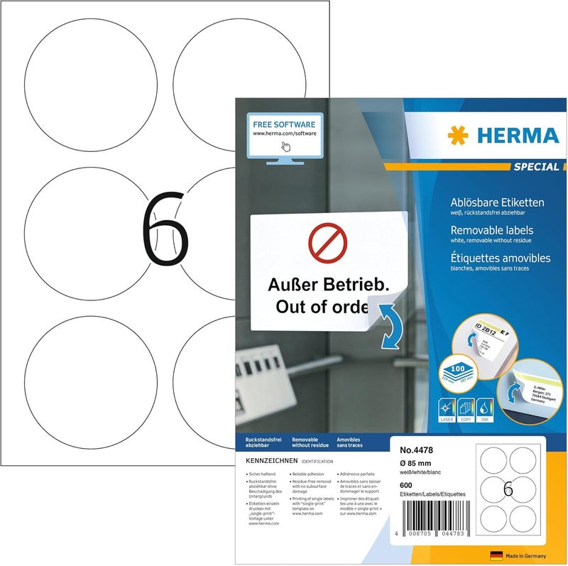 Herma Self Adhesive Removable Multi-Purpose Labels, 6 Labels Per A4 Sheet, 600 Labels For Printers, Round, ├ÿ 85 mm (4478), White - Image 1