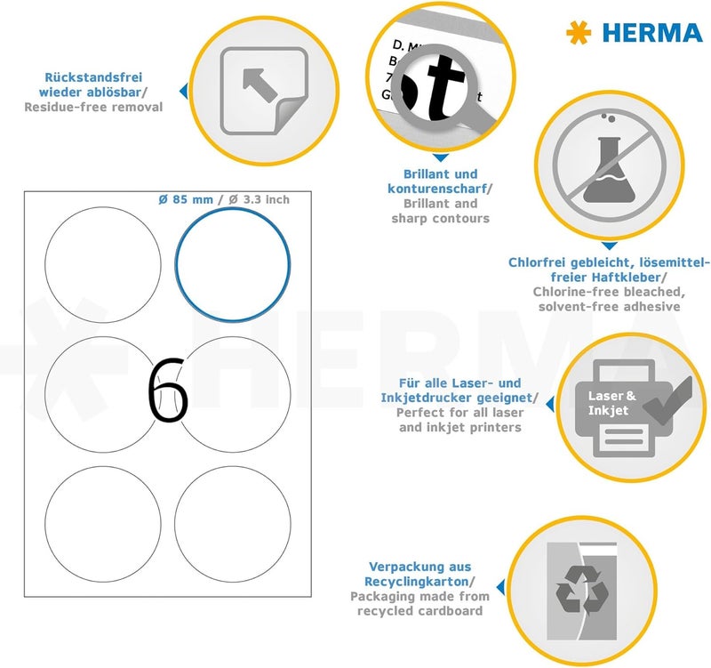 Herma Self Adhesive Removable Multi-Purpose Labels, 6 Labels Per A4 Sheet, 600 Labels For Printers, Round, ├ÿ 85 mm (4478), White - Image 3