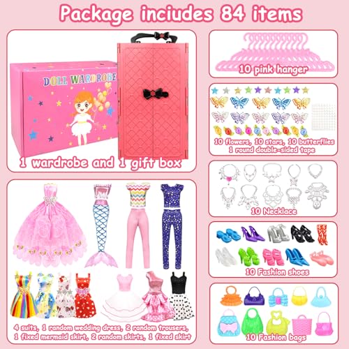 VLUSSO 84 Pack Doll Clothes and Accessories with Doll Closet for 11.5 Inch Doll Fashion Design Kit Girl Including Wedding Dress Fashion Dress Outfits Tops and Pants Shoes Hangers Bags Necklaces - Image 2