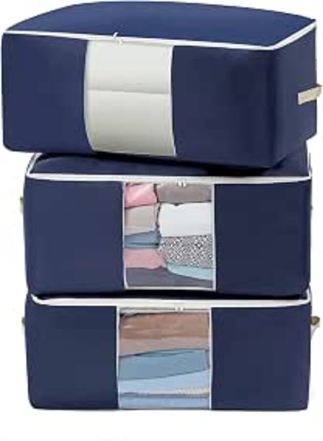 Oxford Fabric Clothes Storage Bag Large Capacity Organizer with Reinforced Handle Sturdy Zipper and Clear Window for Blankets, Bedding, Comforters, 3 Pack, 84L, Blue,