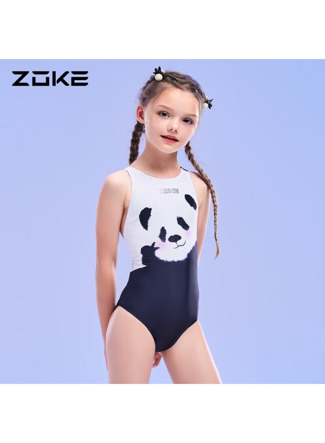 Zoke Children's One-piece Triangle Cartoon Print Training Swimsuit For Girls, 123625808, White And Black Panda, Size 140 - Image 1