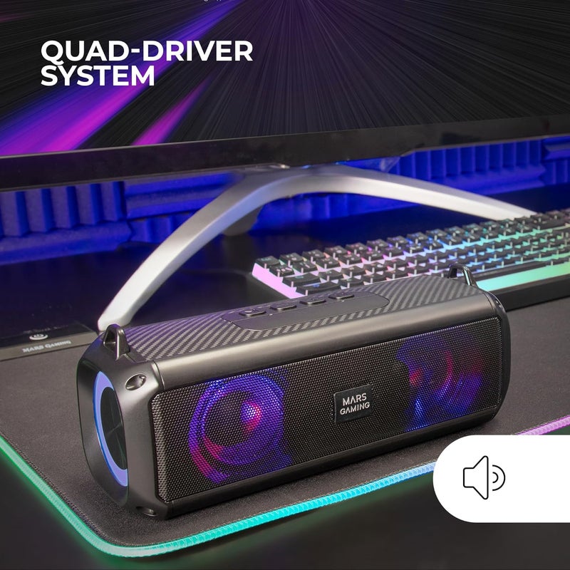 مارس_جيمنج MARSGAMING Mars Gaming MSB-XT، مكبر صوت محمول + شريط صوت 2 في 1، إضاءة RGB ديناميكية، نظام صوت 4 مشغلات بقوة 20 واط، مكبر صوت بلوتوث 5.3 + AUX/MicroSD/USB/راديو FM، أسود - Image 2