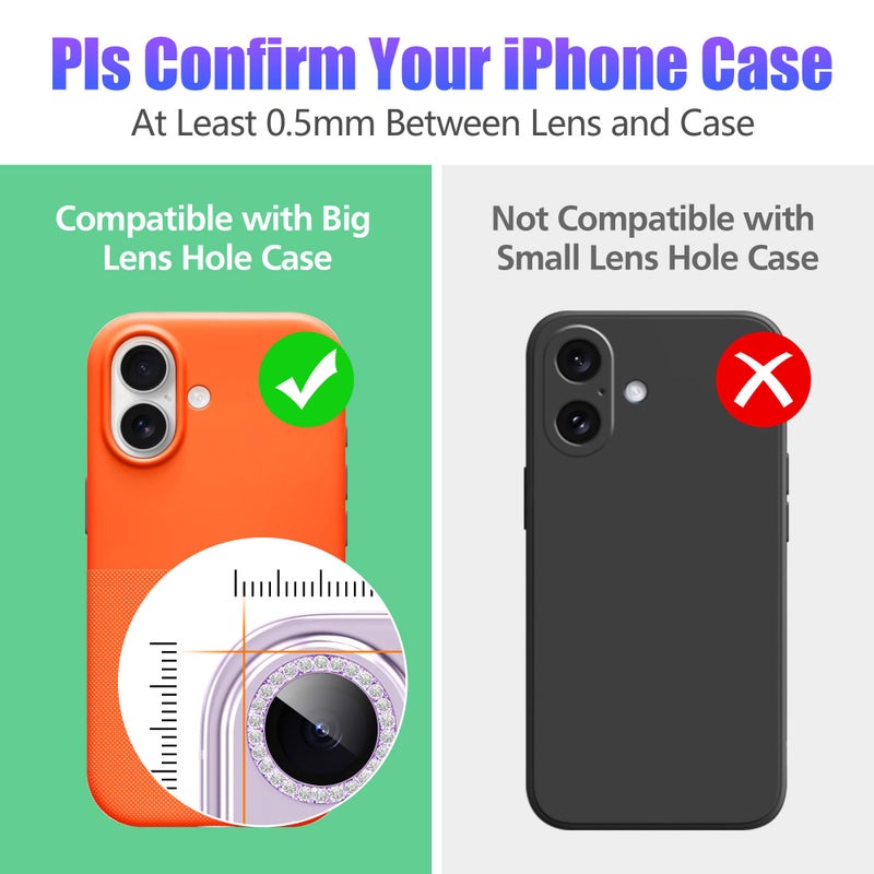 AGVEE 3+3 6 Pack for iPhone 17 6.3" Camera Lens Protector, Bling Diamond & Bling Glitter Metal Ring 9H Tempered HD Glass Camera Cover Film, Bling-Purple - Image 3