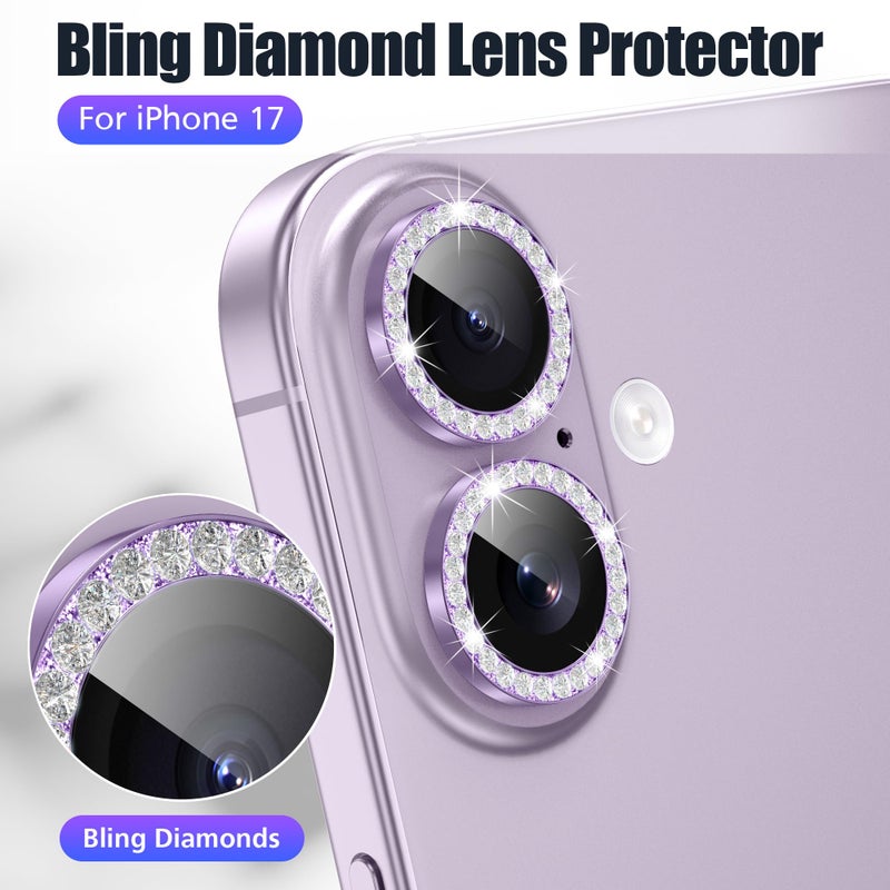 AGVEE 3+3 6 Pack for iPhone 17 6.3" Camera Lens Protector, Bling Diamond & Bling Glitter Metal Ring 9H Tempered HD Glass Camera Cover Film, Bling-Purple - Image 4