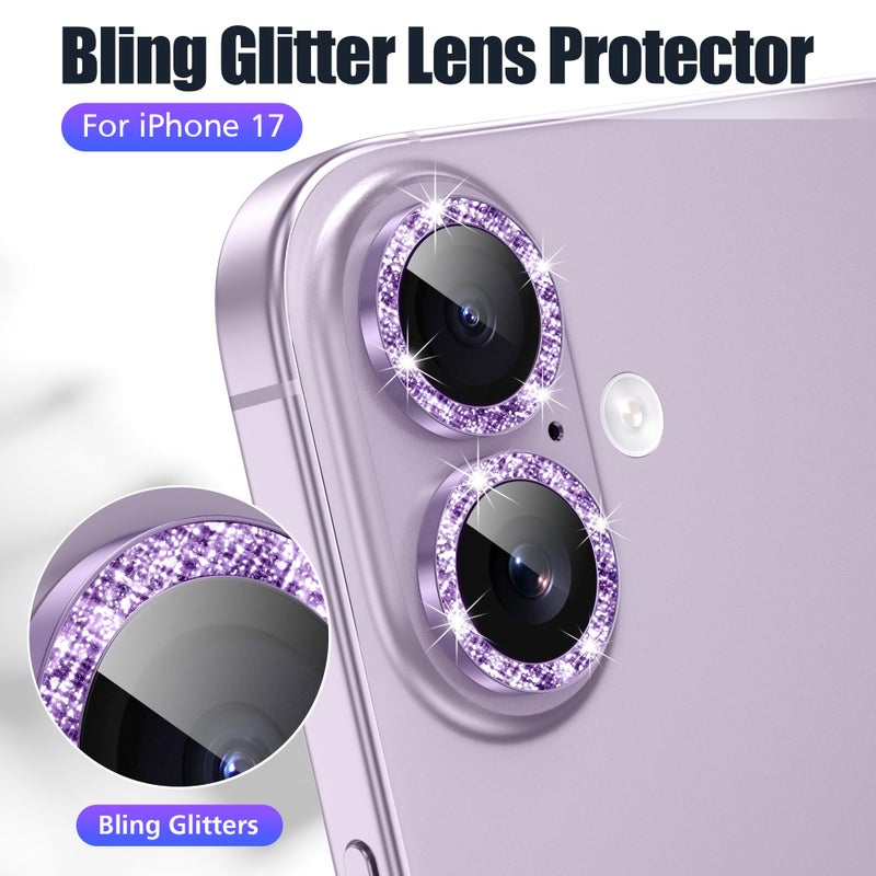 AGVEE 3+3 6 Pack for iPhone 17 6.3" Camera Lens Protector, Bling Diamond & Bling Glitter Metal Ring 9H Tempered HD Glass Camera Cover Film, Bling-Purple - Image 5