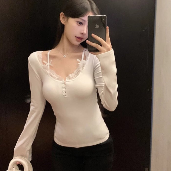 Lace Stitching Show Body T-Shirt Women'S Inner Base Shirt Pure Tight Top - Image 1