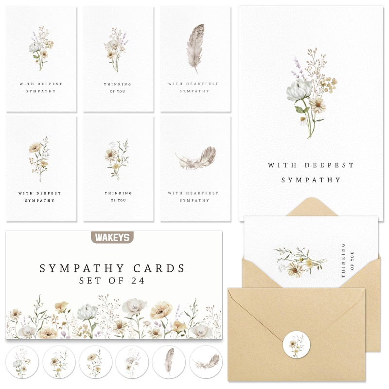 Wakeys 24 Pcs Sympathy Cards with Envelopes, Bulk Condolence Cards with Thoughtful Messages with Adhesive Envelopes and Stickers, 6 Unique Designs - Image 1