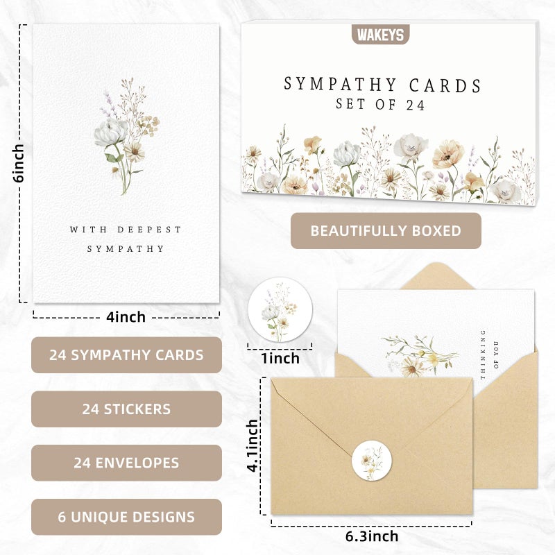 Wakeys 24 Pcs Sympathy Cards with Envelopes, Bulk Condolence Cards with Thoughtful Messages with Adhesive Envelopes and Stickers, 6 Unique Designs - Image 2
