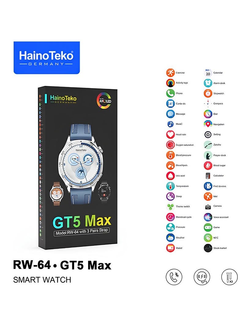 هينو تيكو ساعة Haino Teko RW-64 GT5 Max الذكية مع شاشة AMOLED كبيرة و3 أحزمة مصممة للرجال - Image 2