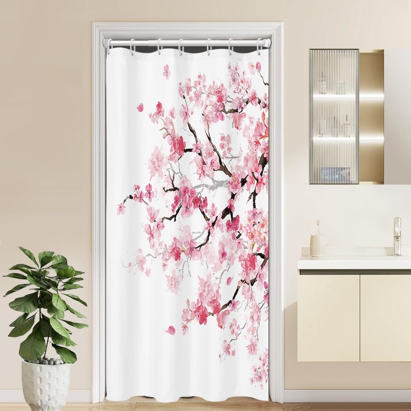 Kikiry Small Stall Shower Curtain 36W x 72L Half Narrow 36 Inch Pink Cherry Blossom Sakura Bathroom Curtains Floral Pink White Japanese Style Polyester Fabric 7 Pack Plastic Hooks
