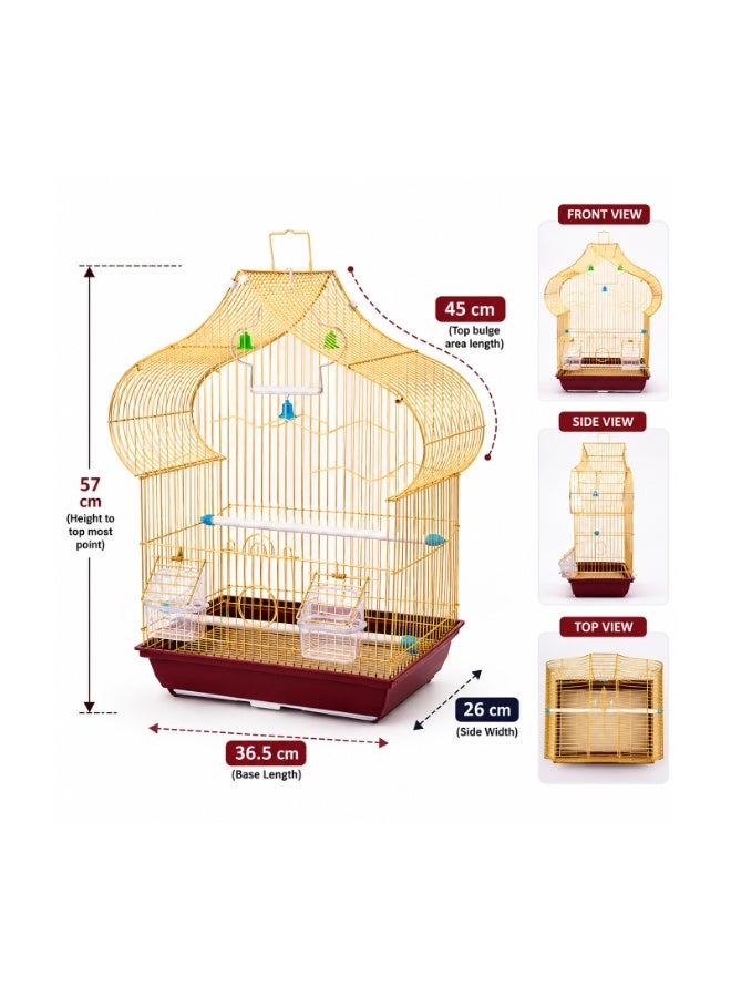 Dayang A3124 Gold Bird Cage - Elegant Arabesque Dome Design with Plastic Perch, 2 Feeding Cups, Hanging Swing Toy & Pull-Out Tray for Canary, Budgie, Finch & Small Birds, 36.5x26x57cm, 1.1cm Bar Spacing - Image 2