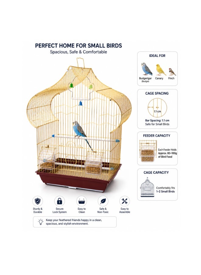 Dayang A3124 Gold Bird Cage - Elegant Arabesque Dome Design with Plastic Perch, 2 Feeding Cups, Hanging Swing Toy & Pull-Out Tray for Canary, Budgie, Finch & Small Birds, 36.5x26x57cm, 1.1cm Bar Spacing - Image 1