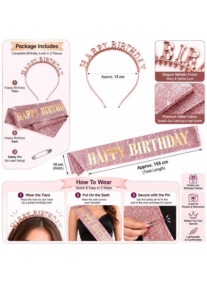 Premium Rose Gold Birthday Celebration Kit – Happy Birthday Tiara, Glitter Sash & Safety Pin for Birthday Party - Image 2