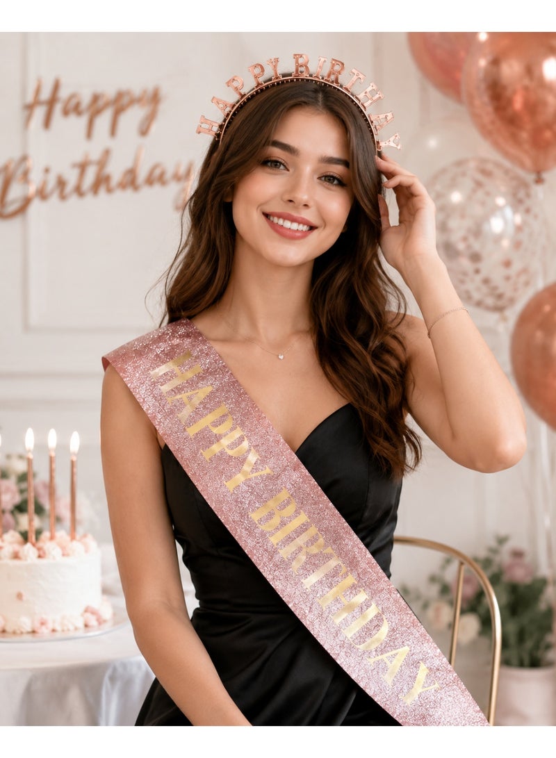Premium Rose Gold Birthday Celebration Kit – Happy Birthday Tiara, Glitter Sash & Safety Pin for Birthday Party - Image 1