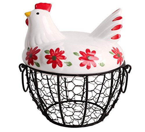 oskas Kitchen Storage Metal Wire Egg Basket with Ceramic Farm Chicken Cover Fresh Egg Holder/Organizer Case/Container - Image 1