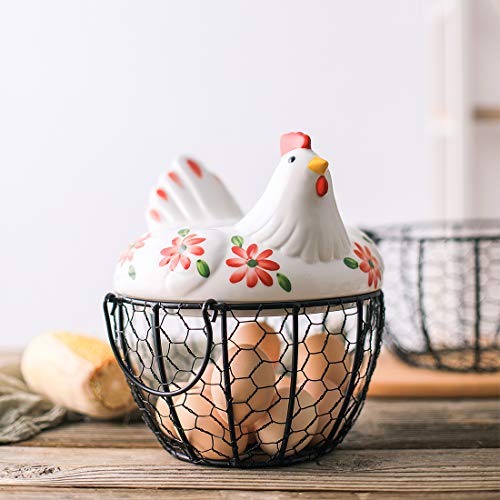 oskas Kitchen Storage Metal Wire Egg Basket with Ceramic Farm Chicken Cover Fresh Egg Holder/Organizer Case/Container - Image 2