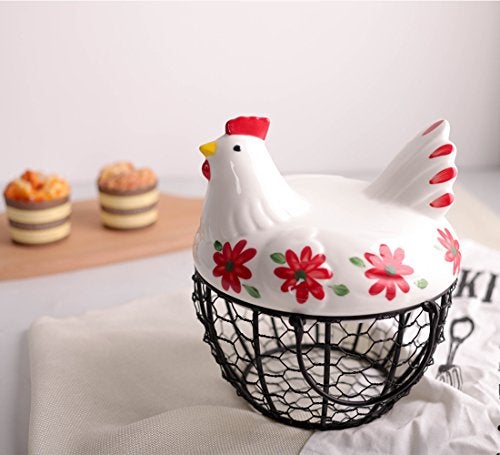 oskas Kitchen Storage Metal Wire Egg Basket with Ceramic Farm Chicken Cover Fresh Egg Holder/Organizer Case/Container - Image 5