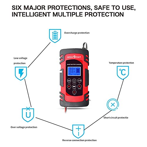 amiciSmart 8A Automatic Car Battery Charger, 4-Stage Intelligent Battery Maintainer (12V/24V-Lead Acid Battery) - Image 4