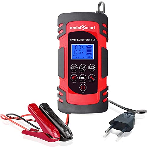 amiciSmart 8A Automatic Car Battery Charger, 4-Stage Intelligent Battery Maintainer (12V/24V-Lead Acid Battery) - Image 1