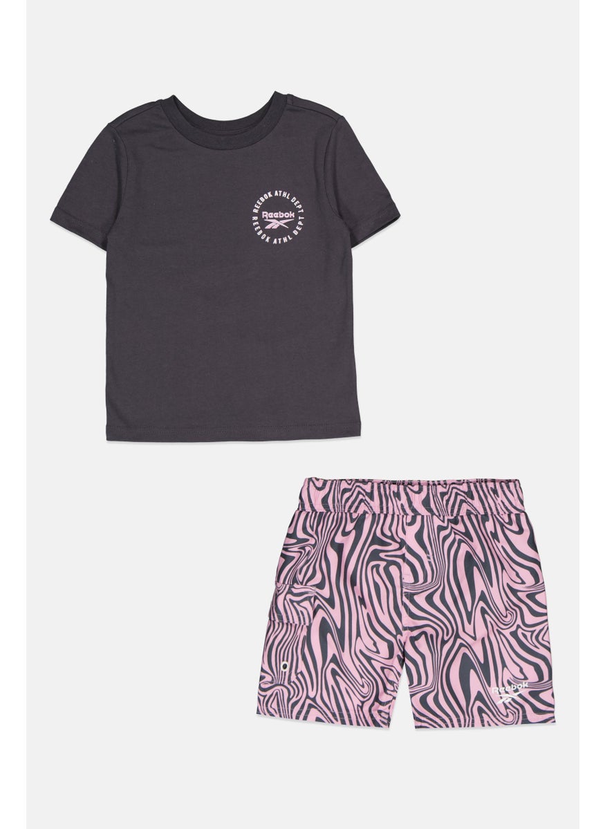 Reebok Kids Girl 2 Pieces Brand Logo T-Shirt and Shorts Set, Grey/Pink  - Image 1