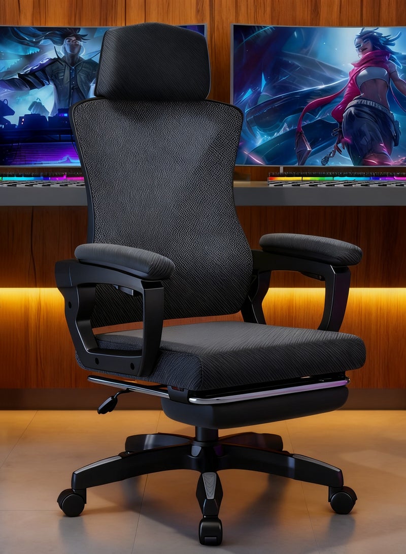كرسي مكتب مريح، كرسي مكتب قابل للتعديل من حيث الارتفاع ومسند الظهر، كرسي مكتب قابل للتعديل مع مسند للقدمين وداعم لأسفل الظهر ومسند للقدمين للعمل والدراسة والألعاب، كرسي كمبيوتر دوار للمكتب المنزلي، Z1 (أسود) - Image 1