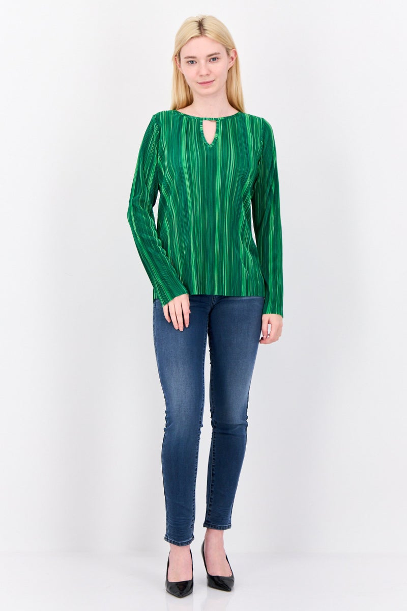 Cyrus Women Keyhole Neck Textured Long Sleeve Blouse, Green  - Image 3