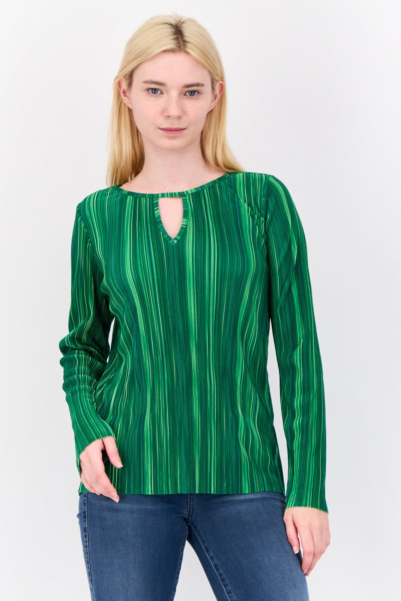 Cyrus Women Keyhole Neck Textured Long Sleeve Blouse, Green  - Image 1