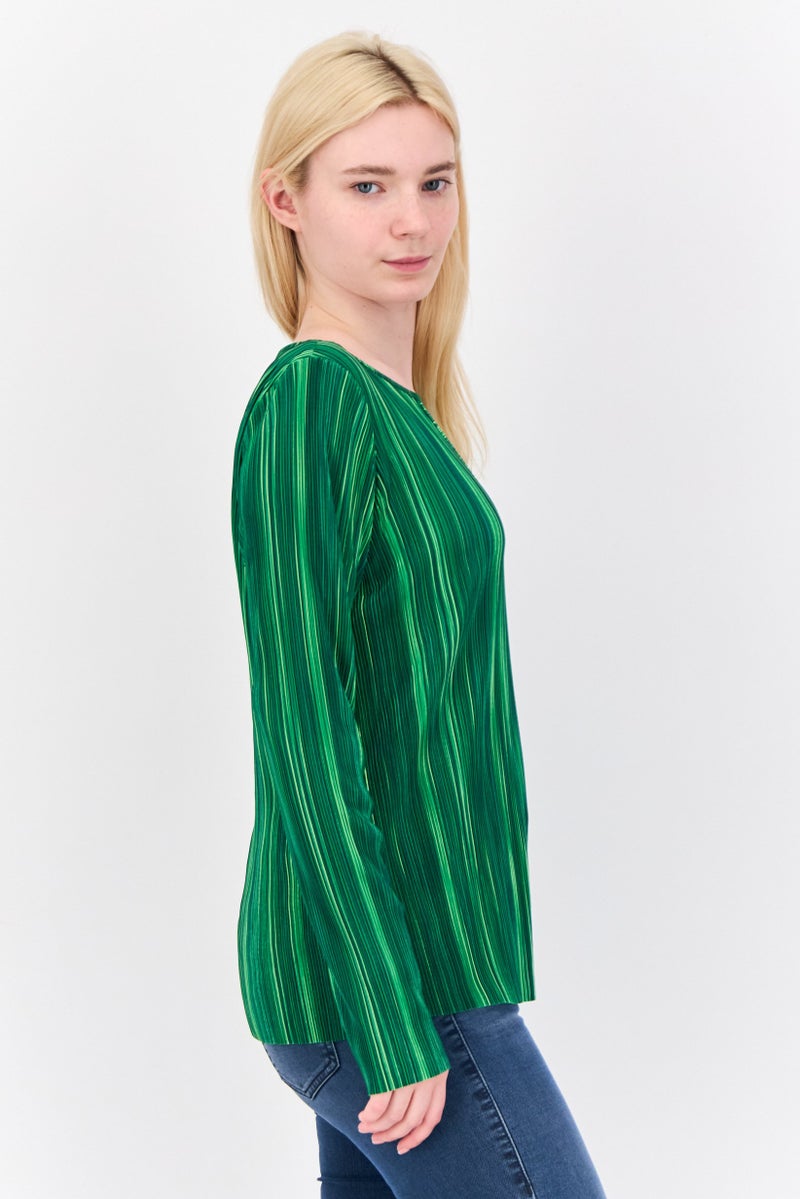 Cyrus Women Keyhole Neck Textured Long Sleeve Blouse, Green  - Image 2