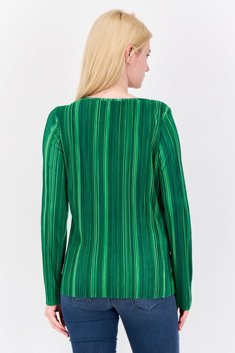 Cyrus Women Keyhole Neck Textured Long Sleeve Blouse, Green  - Image 4