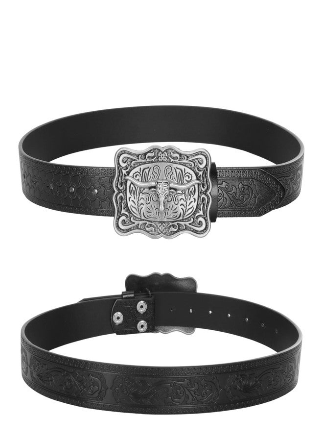 Vikodah Men Women-Western-Cowboy-Leather-Belts - Longhorn Bull Pattern Square Buckle Belt Engraved for Jeans, Black, Fit waist 34-39” - Image 3