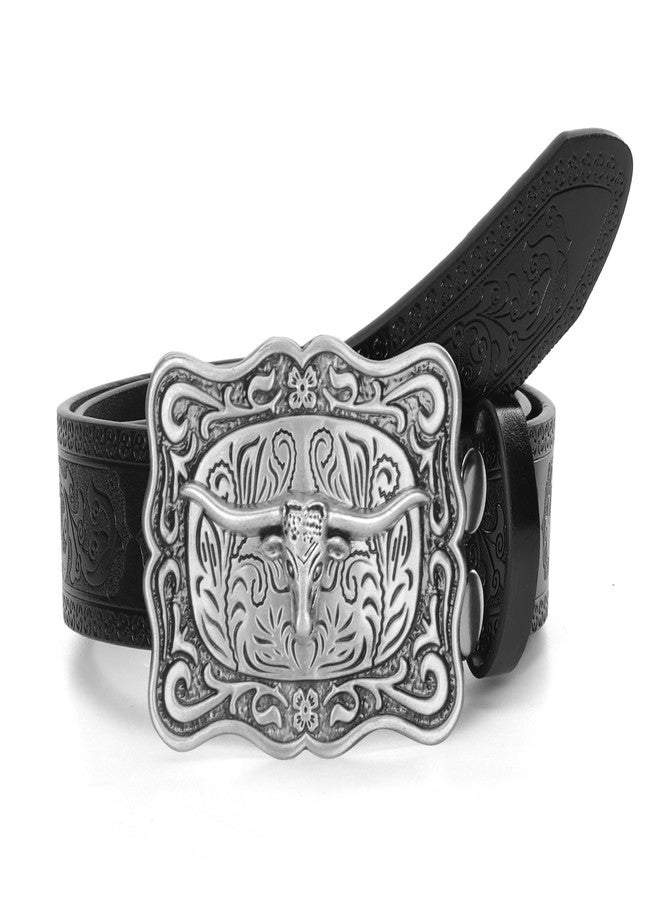 Vikodah Men Women-Western-Cowboy-Leather-Belts - Longhorn Bull Pattern Square Buckle Belt Engraved for Jeans, Black, Fit waist 34-39” - Image 2
