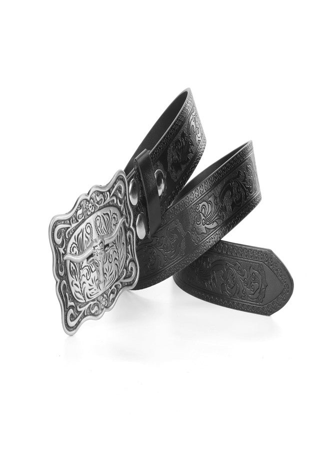 Vikodah Men Women-Western-Cowboy-Leather-Belts - Longhorn Bull Pattern Square Buckle Belt Engraved for Jeans, Black, Fit waist 34-39” - Image 4