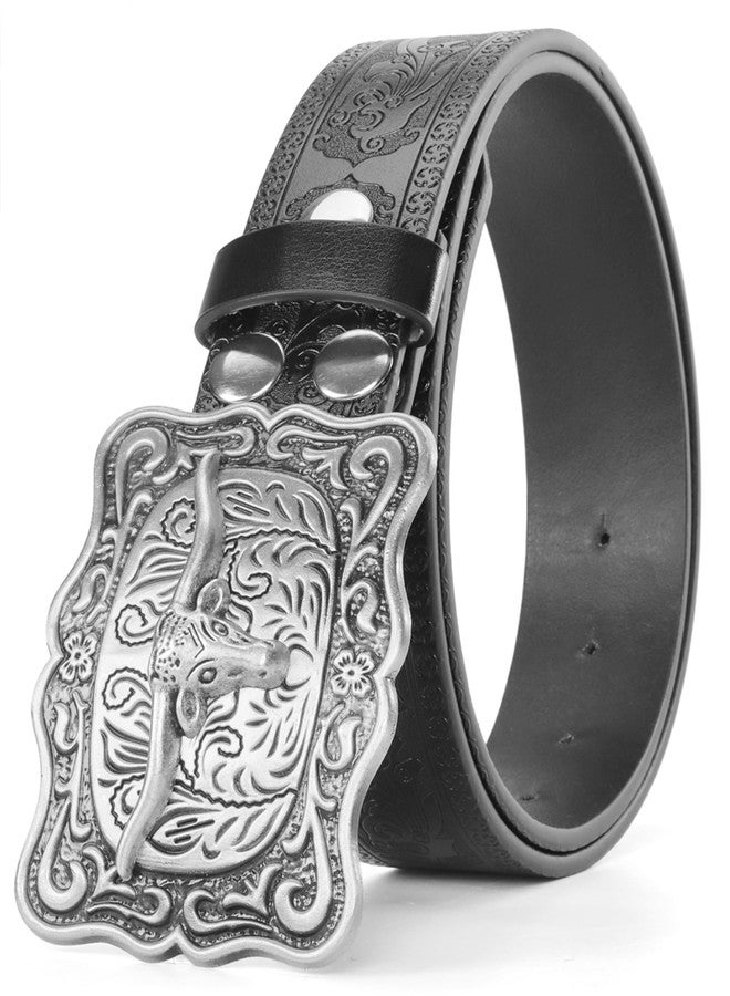 Vikodah Men Women-Western-Cowboy-Leather-Belts - Longhorn Bull Pattern Square Buckle Belt Engraved for Jeans, Black, Fit waist 34-39” - Image 1