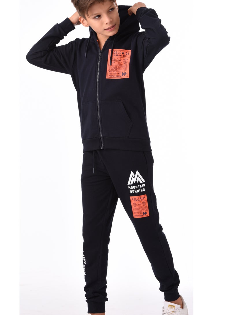 Urbasy Kids 100% Cotton, Zip Thru Sweatjacket  with Joggers Set - NAVY - Image 1