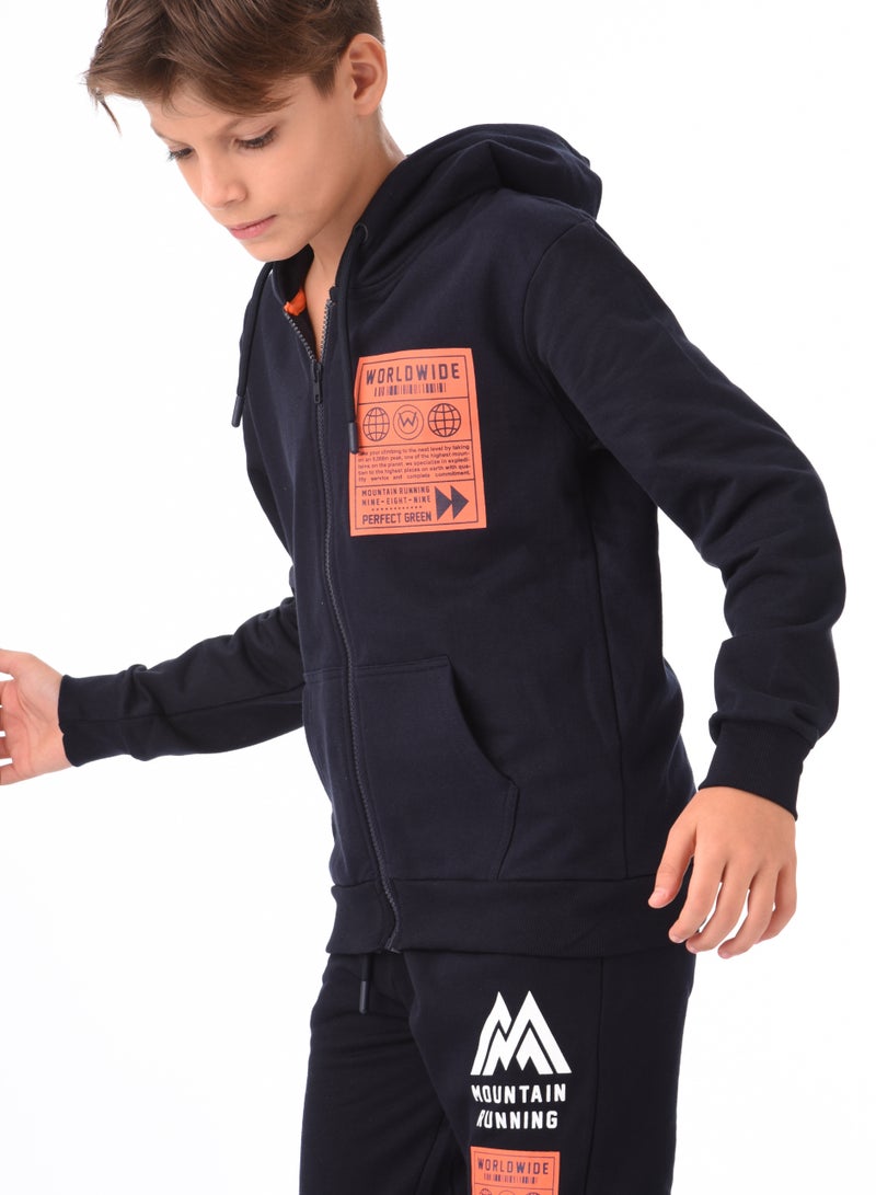 Urbasy Kids 100% Cotton, Zip Thru Sweatjacket  with Joggers Set - NAVY - Image 2