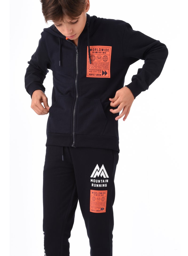 Urbasy Kids 100% Cotton, Zip Thru Sweatjacket  with Joggers Set - NAVY - Image 3