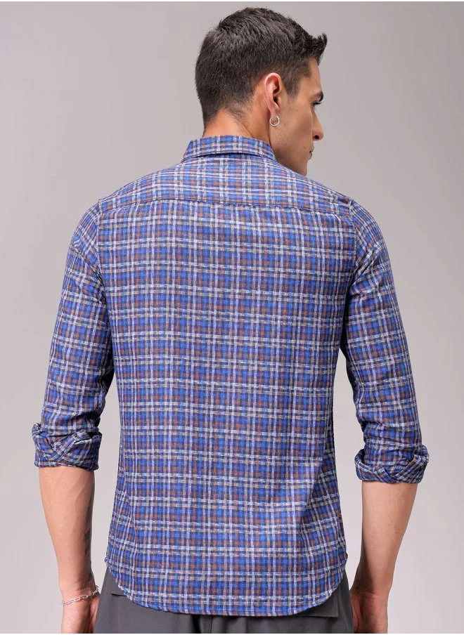 The Indian Garage Co Men Slim Fit Checkered Full Sleeves Cutaway Collar Casual Shirt