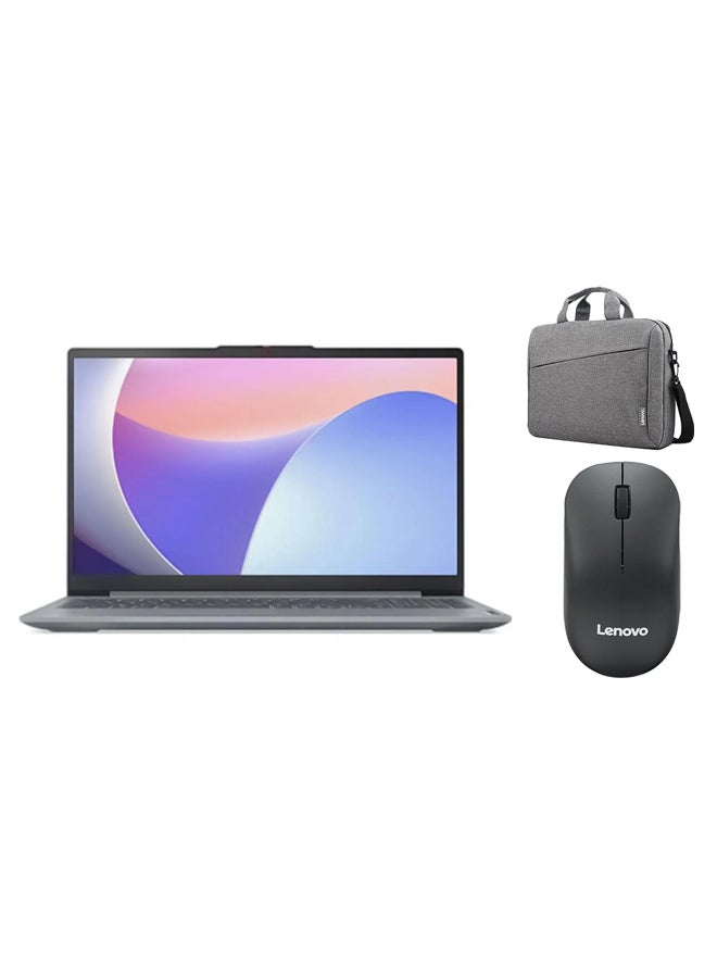 لينوفو كمبيوتر محمول IdeaPad Slim 3 15IRU8 بشاشة 15.6 بوصة ومعالج Core i3-1305U وذاكرة وصول عشوائي 8 جيجابايت ومحرك أقراص SSD سعة 512 جيجابايت وبطاقة رسومات Intel Iris Xe وويندوز 11 مع حقيبة لينوفو وماوس - Image 1