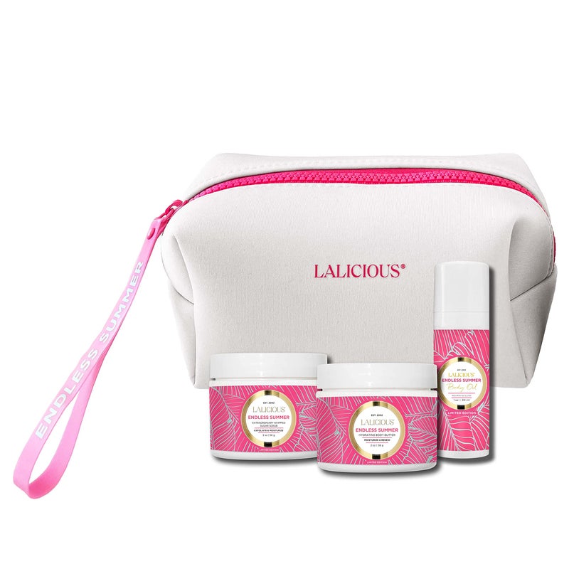 LaLicious Endless Summer Travel Body Care Set - Includes Gentle Body Exfoliator & Sugar Scrub + Hydrating Whipped Body Butter + Moisturizing Body Oil - Glowing Skin Essentials Body Care Kit - Image 1