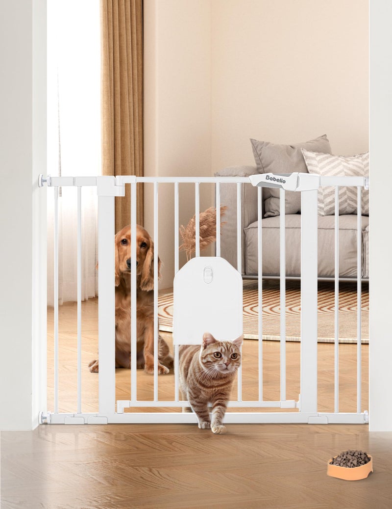 Babelio Auto Close Baby Gate with Cat Door,29-43" Metal Gate for Doorway,Stairs, House,Easy Walk Thru with Pet Door,Includes 4 Wall Cups and 3 Extension Pieces,White - Image 1